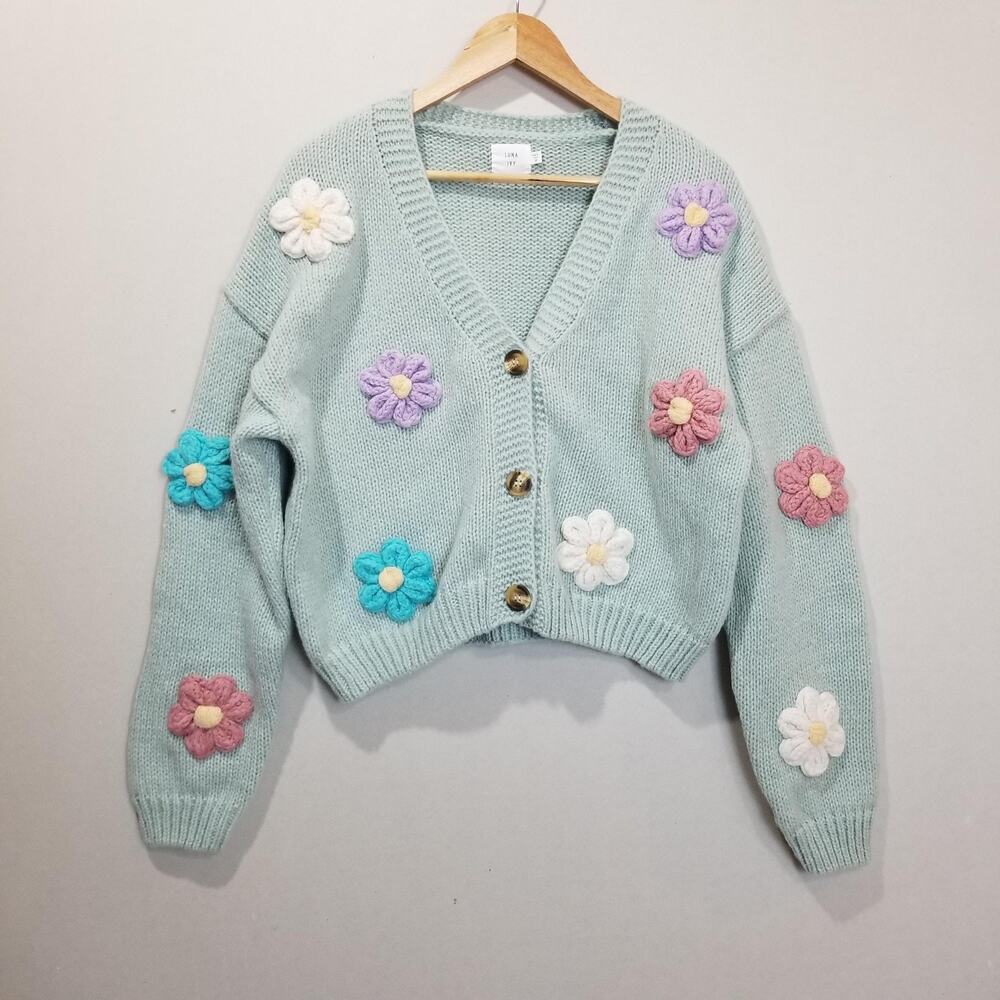 Luna Ivy Anthropologie Cardigan Womens Medium Mint 3D Floral Cropped Sweater